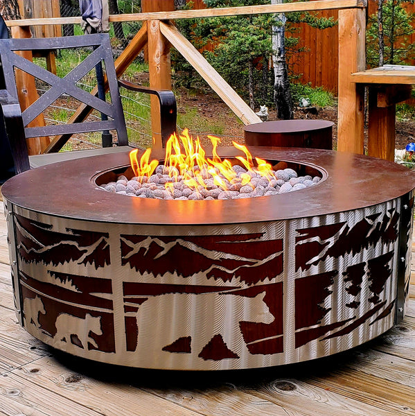 48in Bear and cubs mountain scene Firepit ( Oxidized Steel & Stainless Steel )
